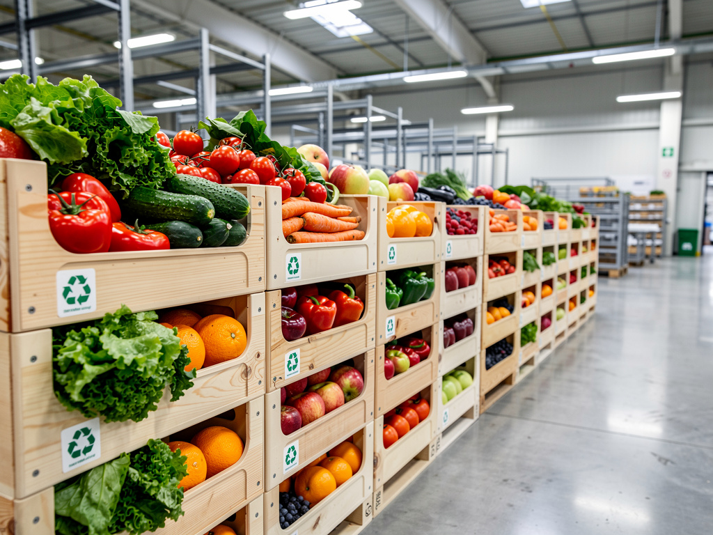Węzeł logistyczny z drewnianymi paletami wypełnionymi świeżymi warzywami i owocami, z widocznymi etykietami recyklingu, symbolizujący ESG i marnowanie żywności.