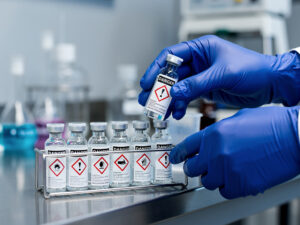 Badanie substancji SVHC w laboratorium, butelki z oznaczeniami niebezpieczeństwa, raport ESG, SCIP, Green Impact ESG