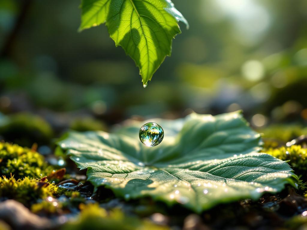 Kropla wody na liściu w lesie, symbolizująca raportowanie zużycia wody w kontekście ESG i wymogi ESRS E3.