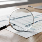 Lupa badająca dokumenty z tabelami ESG Rating, symbolizująca krytyczną analizę raportów zrównoważonego rozwoju.