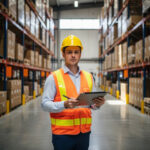 Mężczyzna w żółtej kasku i pomarańczowej kamizelce kontroluje magazyn z tabletu, ilustracja do artykułu o dyrektywie CSDDD i MŚP