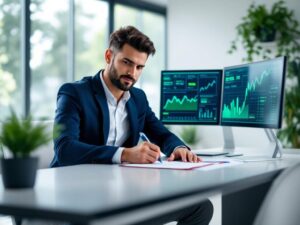 Biznesmen w garniturze podpisujący dokumenty przy komputerach z wykresami wzrostu, symbolizujący tanie finansowanie i kredyty SLL w 2026 roku.