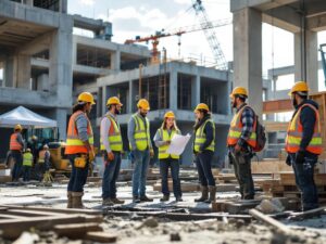 Grupa budowlanych specjalistów w kaskach i kamizelkach odblaskowych omawia dokumenty na placu budowy nowoczesnego budynku, symbolizując ESG w budownictwie.