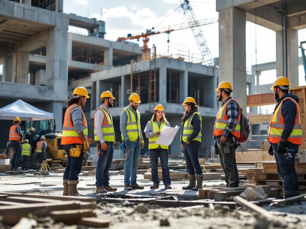 Grupa budowlanych specjalistów w kaskach i kamizelkach odblaskowych omawia dokumenty na placu budowy nowoczesnego budynku, symbolizując ESG w budownictwie.