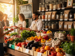 Współpraca w ekologicznym sklepie spożywczym z lokalnymi produktami i etykietami Fair Trade