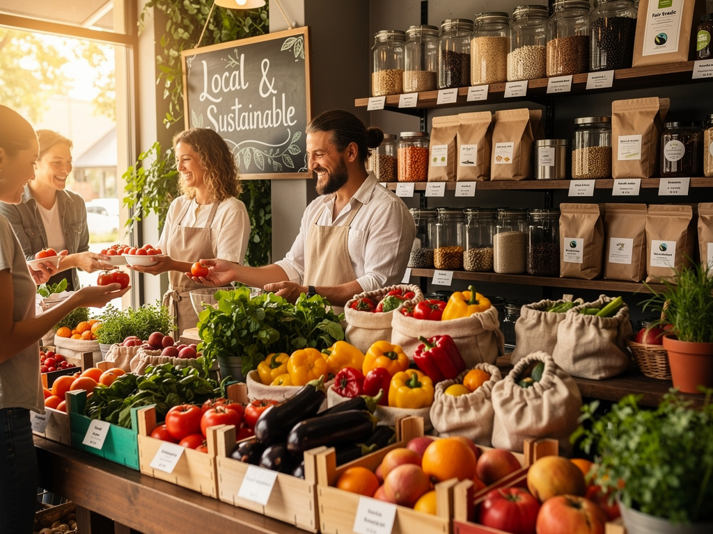 Współpraca w ekologicznym sklepie spożywczym z lokalnymi produktami i etykietami Fair Trade