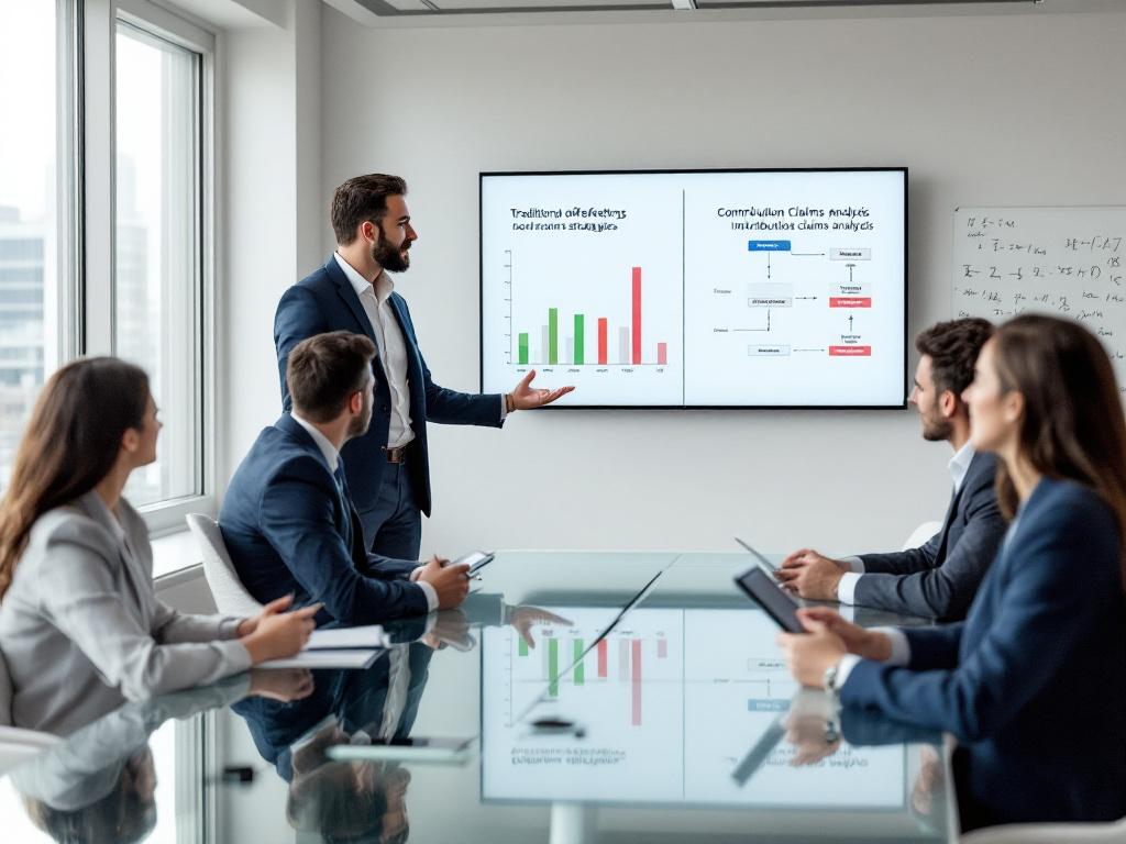 Prezentacja biznesowa na temat analizy Contribution Claims w kontekście strategii ESG, pokazująca wykresy i schematy na ekranie w nowoczesnej sali konferencyjnej.