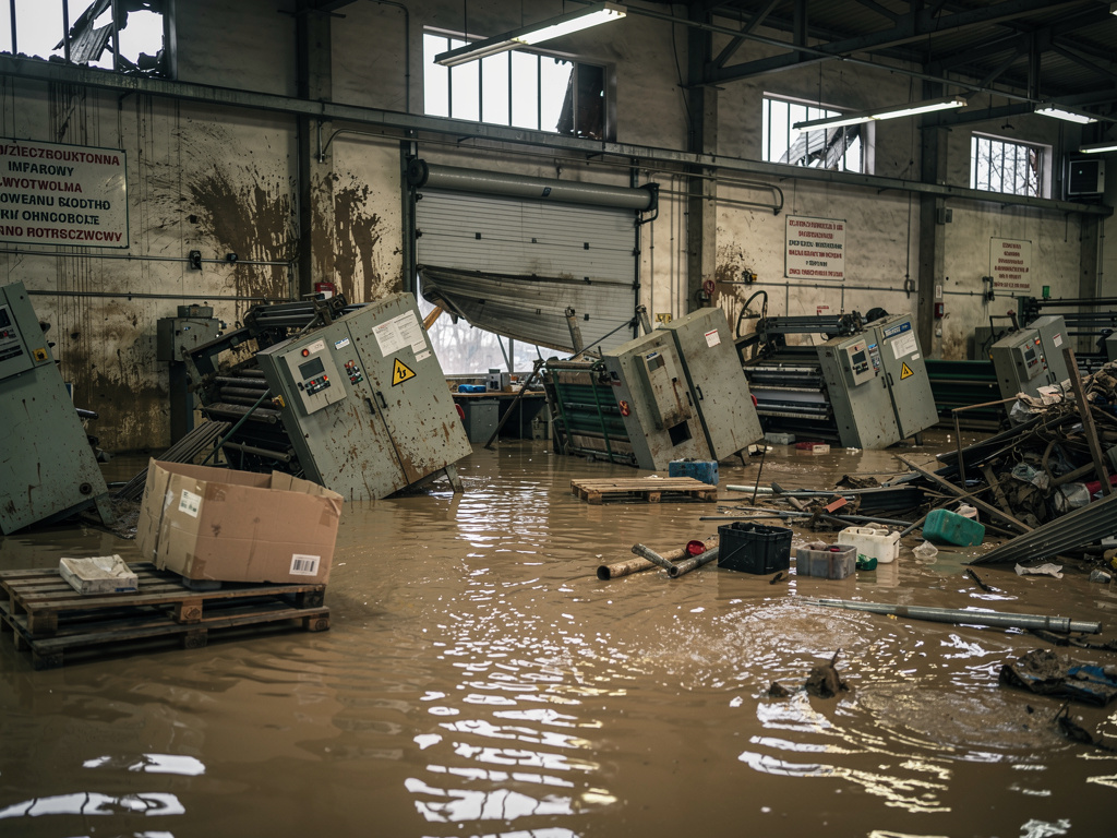 Zniszczona fabryka po powodzi, symbolizująca ryzyka środowiskowe i ESG, o których pytają ubezpieczyciele.