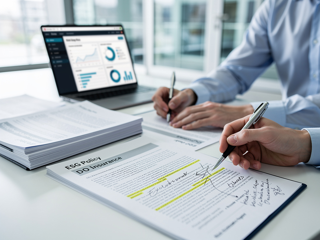 Podpisywanie dokumentu 'ESG Policy DO Insurance' przy laptopie z wykresami, ilustracja polisy D&O 2026 i ochrony majątku zarządu przez ESG.