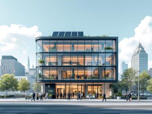 Nowoczesna, zielona biurowica z panelami słonecznymi na dachu, symbolizująca certyfikaty BREEAM i LEED.