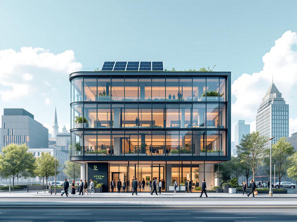 Nowoczesna, zielona biurowica z panelami słonecznymi na dachu, symbolizująca certyfikaty BREEAM i LEED.