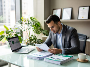 Biznesmen analizujący raporty ESG i dane statystyczne na laptopie w nowoczesnym biurze, symbolizujący raportowanie zrównoważonego rozwoju dla MŚP.