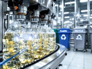Linia produkcyjna do napełniania plastikowych butelek z olejem, w tle widoczne pojemniki na recykling oznaczone napisami PLASTIC i RECYCLE.