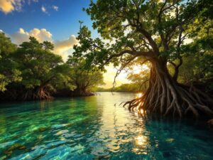 Zdjęcie przedstawia malowniczy krajobraz z dużym drzewem o rozległych korzeniach rosnącym nad turkusową wodą, symbolizujące ekologię i zrównoważony rozwój w kontekście ESG.