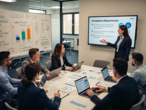 Prezentacja na temat luk płciowych (gender pay gap) w firmie. Kobieta w garniturze prowadzi spotkanie biznesowe, wskazując na tablicę z danymi statystycznymi dotyczącymi różnic płacowych między kobietami a mężczyznami. Na tle widoczny jest ekran z napisem 'Compliance Requirements' oraz biała tablica z rysunkami i notatkami na temat równości płci. Grupa pracowników siedzi przy stole z laptopami, analizując dane i dyskutując o tematyce ESG i zrównoważonego rozwoju w biznesie.