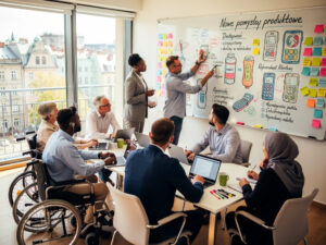 Diverse team brainstorming on a whiteboard about new product ideas, highlighting inclusivity and accessibility in business strategy.