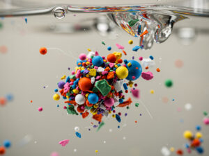 Mikroplastik w wodzie, kolorowe cząsteczki plastiku unoszące się w cieczy, ilustracja zagrożeń środowiskowych i ESG.