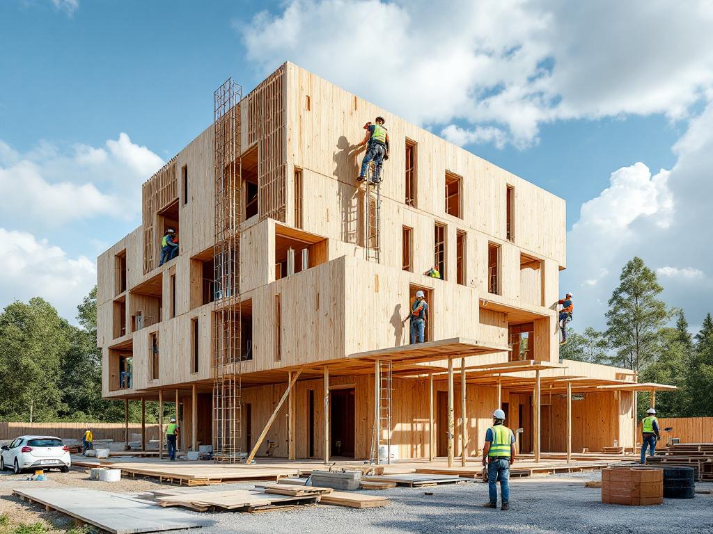 Budowa wielopiętrowego budynku z drewna CLT na tle nieba z chmurami, ilustrująca zrównoważone budownictwo i ślad węglowy wbudowany.