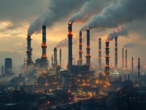 Zdjęcie przedstawia przemysłową instalację z wieloma kominami emitującymi dym na tle zachodzącego słońca, symbolizującą emisję CO2 i wyzwania klimatyczne.