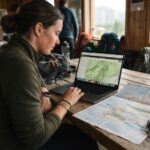Kobieta analizująca mapę i trasę na laptopie w drewnianym schronisku górskim podczas wyprawy.